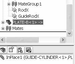 The InPlace1 Mate lists the component references; GUIDE-CYLINDER<1>, PLATE-B<1>. FeatureManager. Display the MGPTube part.