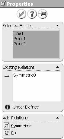 121) Right-click Select. 123) Hold the Ctrl key down. 124) Click the Hole1 center point and the Hole2 center point. 125) Release the Ctrl key. 126) Click Symmetric from the Add Relations box.