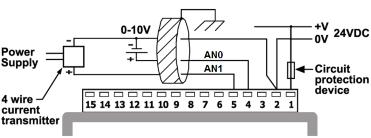 Vision OPLC Shaft-encoder Analog Input Wiring Analog input wiring, current/voltage (4-wire)