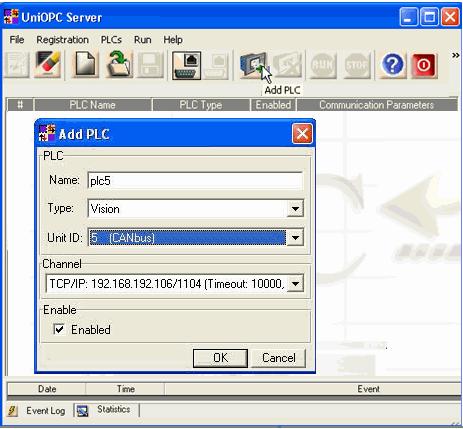 Using UniOPC Server Parameters PLC Name: Enter a unique PLC description. Type: Select Vision, M90/91 Stand-alone, or M90/91 via Vision.