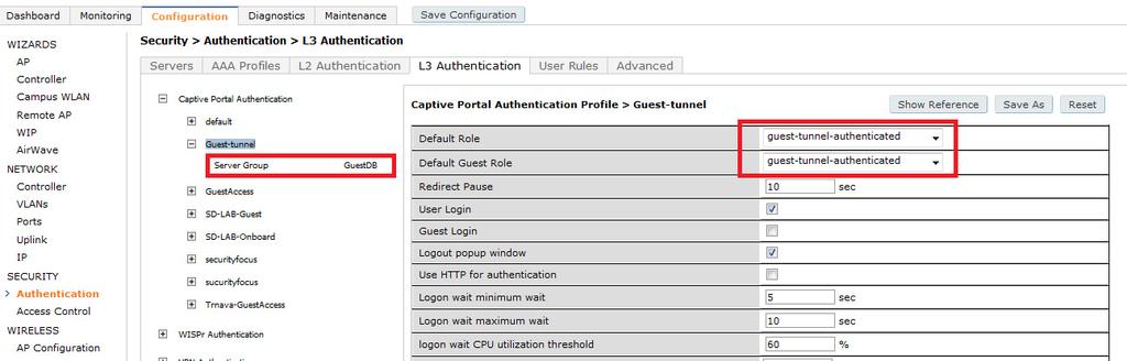 Setup captive portal profile and assign the default role created above.