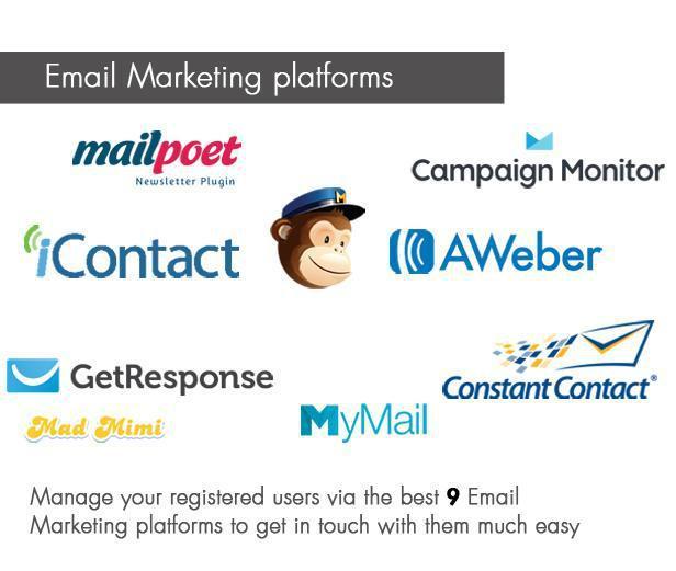 21 available: MailChimp, MailPoet, AWeber, Campaign Monitor, Constant Contact, MyMail, icontact, GetResponse,