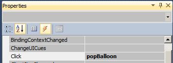 events for the picture boxes find the click event and type popballoon and press enter.