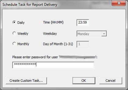 In the Schedule Task for Report Delivery window, specify the delivery times for the report and enter the password for