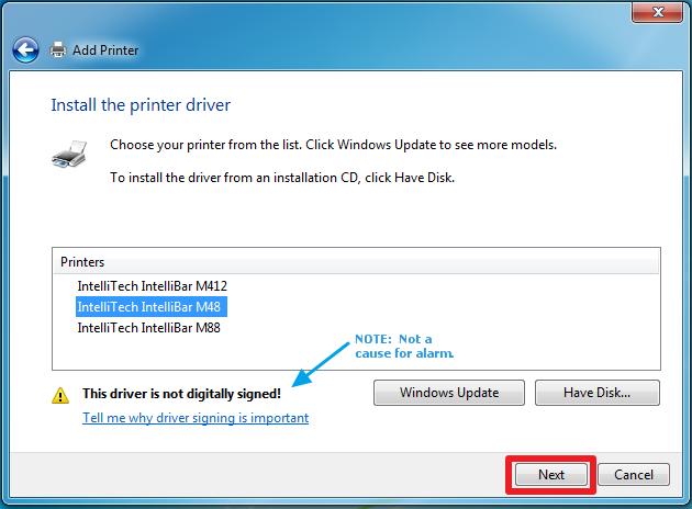 17. The Install the printer driver window will appear. Click on your IntelliBar model to select it and then click on the Next button.