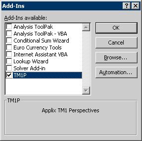 8. Make sure the TM1P check box is selected. 9. Click OK to close the Add-Ins dialog and return to Excel.