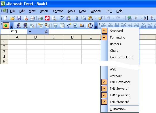 How to Display TM1 Toolbars in Excel 2003 In this configuration, the TM1 toolbars only appear when you click on the Custom Toolbar button in the Quick Access toolbar.