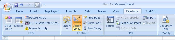 4. Click OK to close the Excel Options dialog. The Developer tab now appears in the ribbon. 5. Click the Developer tab to access the Design Mode button. Design Mode button Developer tab 6.