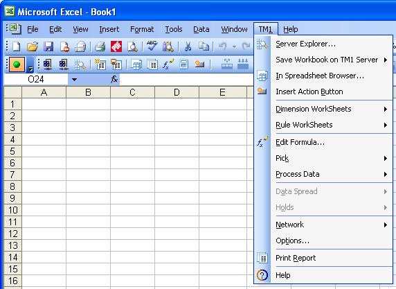 Accessing the TM1 Add-in Menu in Excel 2003 and 2007 In Excel 2003, the TM1 Add in menu is available at the same