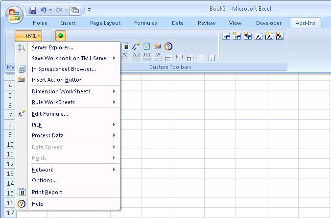 In Excel 2007, the TM1 Add in menu is available under the Excel Add-Ins tab.