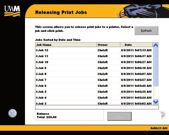 Insert the pantherprint card into the release station card reader. The Releasing Print Jobs window displays after the card reader has scanned the pantherprint card account balance information.