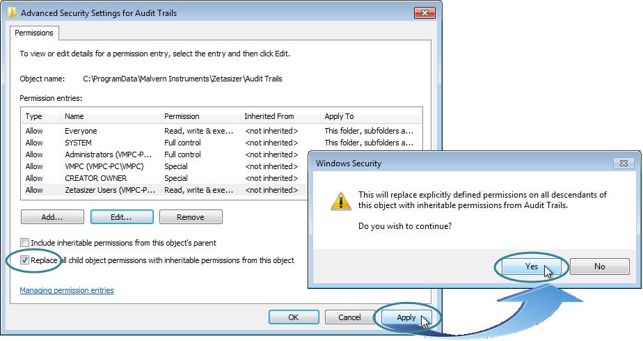 Returning to the previous window, left-click the Replace all child object permissions with
