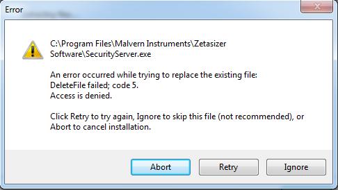 Figure 3: Warning during installation If this error is encountered then the user must open Windows Task Manager, go to the Processes tab and select the process described in the first line of the