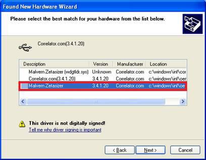 Figure 5: Select USB Drivers on Windows with OmniSEC software Select the Malvern Zetasizer and click Next. The Malvern Zetasizer (wdgtldr.sys) option must not be selected.