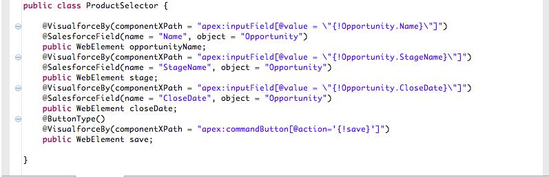 Click on the Java Source tab. On the Java Source tab, scroll down to see the ProductSelector class. Here you can see the locators and other information stored per element.