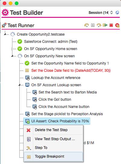 Now click Resume ( ). You should see the test run to the next breakpoint and pause. Finally, click Resume to run the Test Case through to the end.