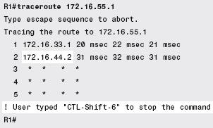 Testing Routes with ping and traceroute Commands (Continued) The command output confirms that the traceroute command s packets successfully got to a router whose IP address is 172.16.33.