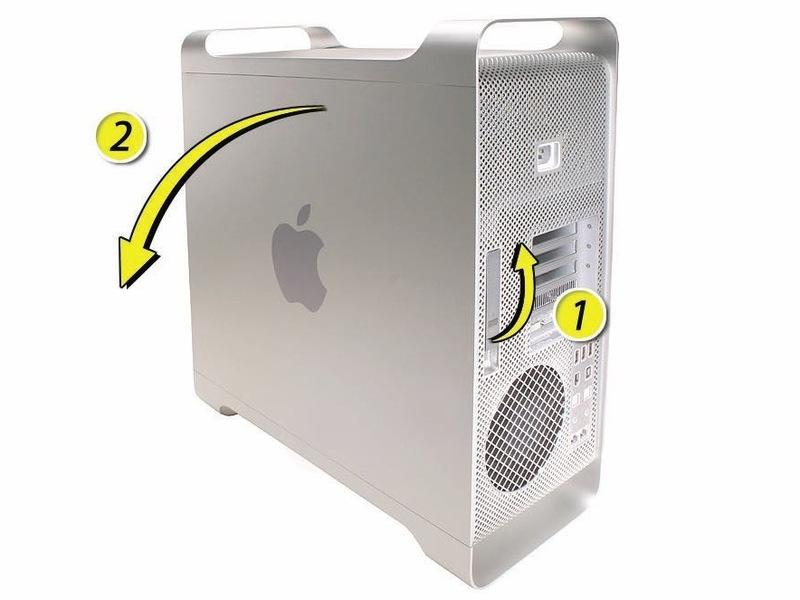 Step 2 1) Hold the side access panel and lift the latch on the back of the computer. Warning: The edges of the access panel and the enclosure can be sharp.