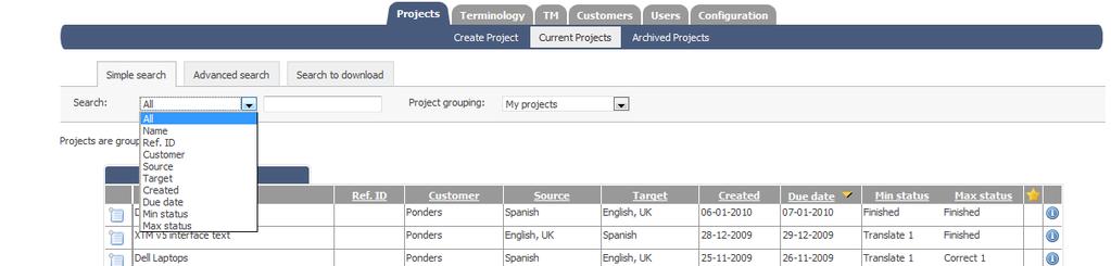 Project simple search The project grouping field affects how the results of the search will be displayed. Select your preferred format from the pull down list. 2) The advanced search.