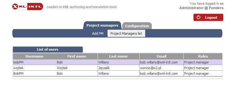 Configuration The list of Project Managers There are three options within the