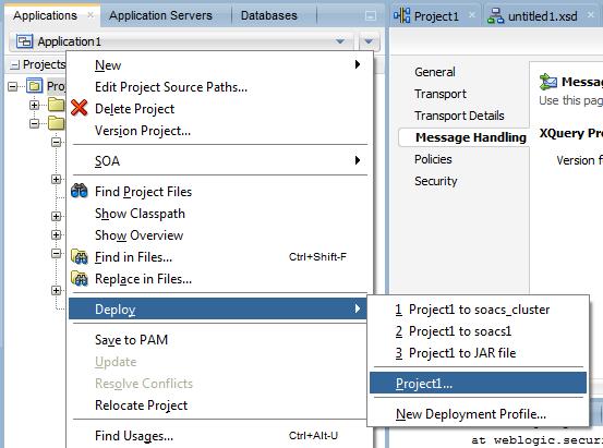 Deployment of SOA Composites to SOA Cloud Service from JDeveloper. 1) In JDeveloper, right-click the SOA project you want to deploy and select the Deploy menu. This invokes the deployment wizard.