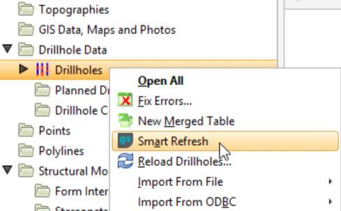 To reload a mesh, right-click on the mesh and select Reload Mesh. Changes to the mesh will flow down the project tree. Please note this excludes elevation grids. AcQuire Smart refresh Leapfrog Geo 4.