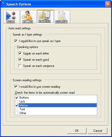 Read&Write 9 Reading text I would like to use speak as I type check box Speaking options check boxes I would like to use screen reading check box Screen reading check boxes Figure 3-2 Autoread tab 2.