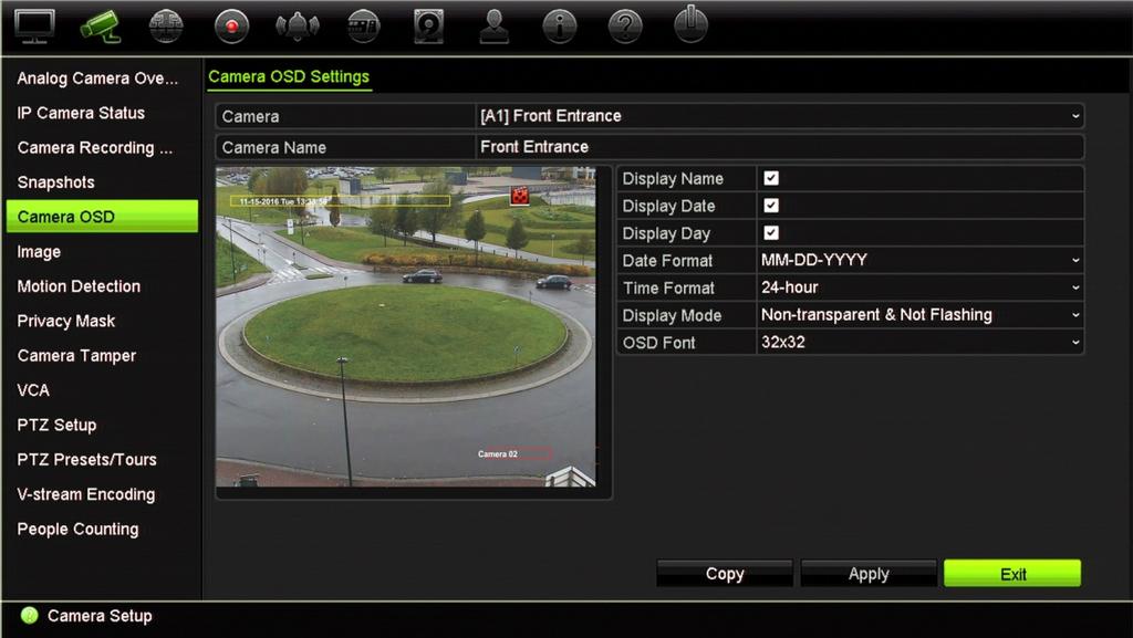 Chapter 10: Camera setup 7. Click Exit to return to live view. Camera OSD The recorder lets you configure which information is displayed on-screen for each individual camera.
