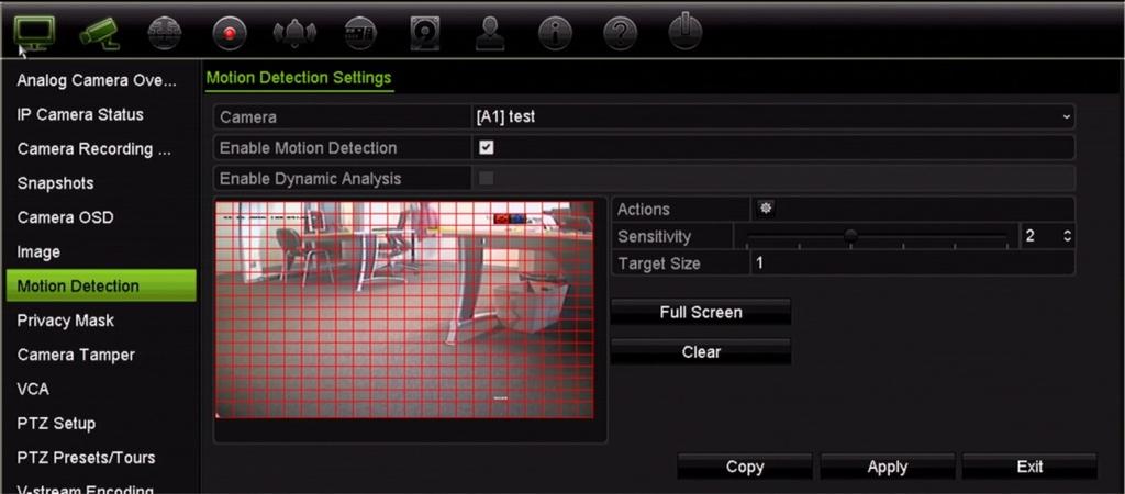 Areas covered by the red grid are sensitive to motion detection. 2. Select the camera to detect motion. Each camera must be set up individually. 3. Check Enable Motion Detection.
