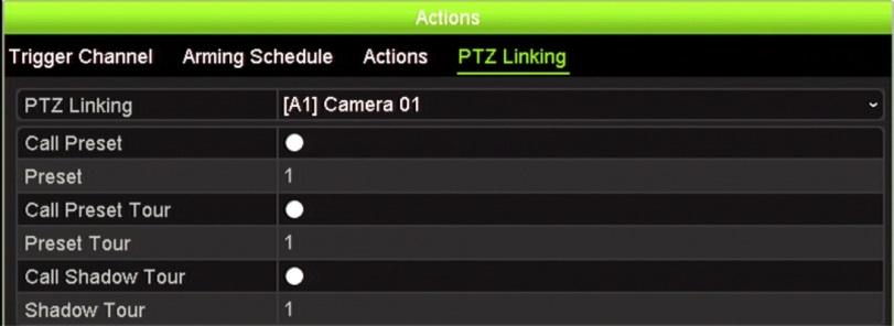 Chapter 13: Alarm and event setup In the Actions window, click the Trigger Channel tab and then select the cameras to be triggered for recording when an alarm is detected.