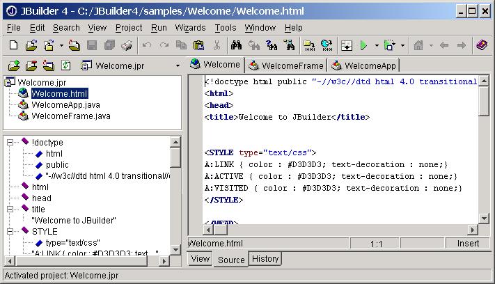 Figure 1.11 You can edit HTML files in the content pane. The Structure Pane The structure pane displays the structural information about the files you selected in the project pane.
