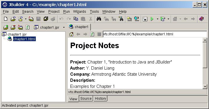 Figure 1.16 A new project is created with the.jpr file and.html file. NOTE: JBuilder automatically generates many backup files.