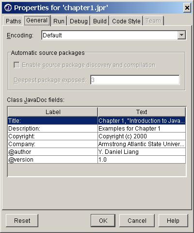 Figure 1.28 The General page has options for selecting encoding type, enabling/disabling automatic source package discovery, and modifying javadoc fields.