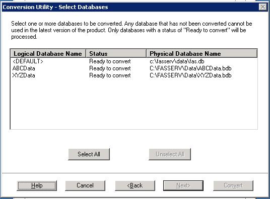Upgrading Network Server Step 5: Converting Your Current Data 8. Click the Next button. The Conversion Utility Select Databases dialog appears. 5 This dialog displays the status of each database.