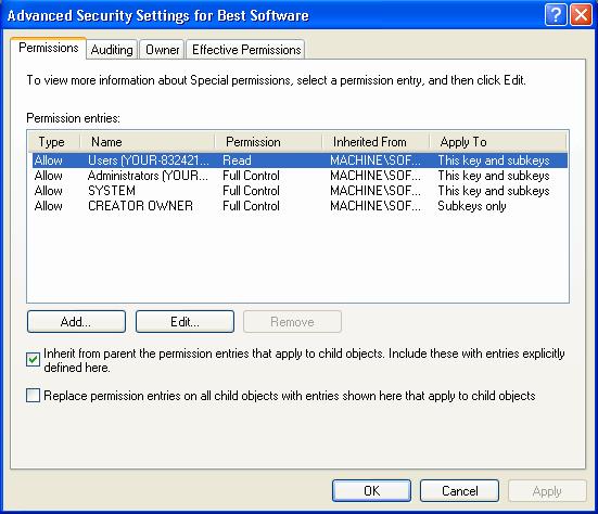 The system displays the Advanced Security Settings for Best Software dialog. 6.