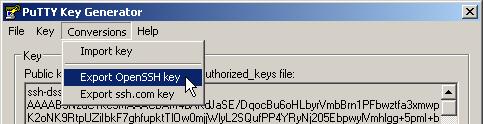 After a short time the key is generated as showed in Fig. 7 and may be saved now. The fields Key passphrase and Key comment must be left empty; Subsequent warnings shall be ignored. Fig. 7: PuTTY key generator key At next the key must be exported to the OpenSSH format, which can be done with the menu item Conversions.