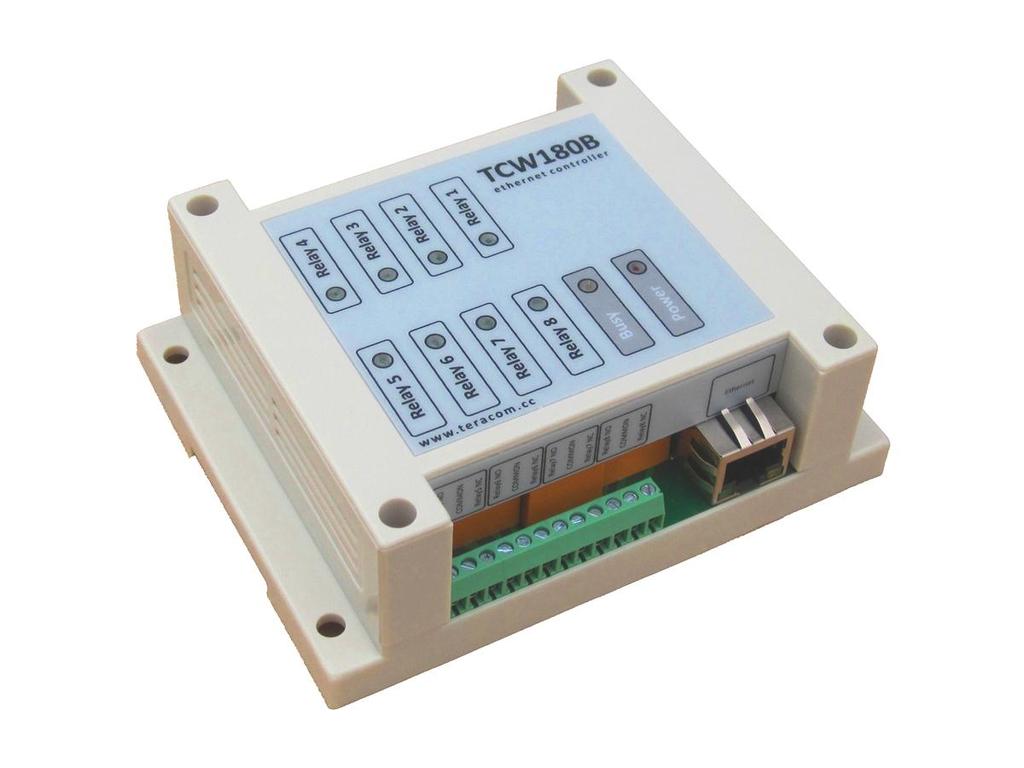 Ethernet controller TCW180B Users manual 1. Short description TCW180B is 8-channel Ethernet relay board, which is designed to work in IP-based networks and managed by WEB interface or SNMP programs.