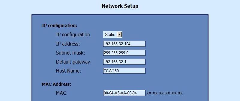 IP address, Subnet mask, Default gateway these fields are active if IP address is static; Host Name up to 16 symbols, it appears as a Subject in sent e-mails; MAC device MAC address.