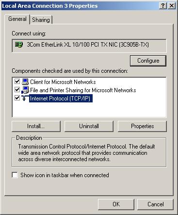 4. In the Network Connections window, right click the connection that represents your Ethernet card and select Properties.