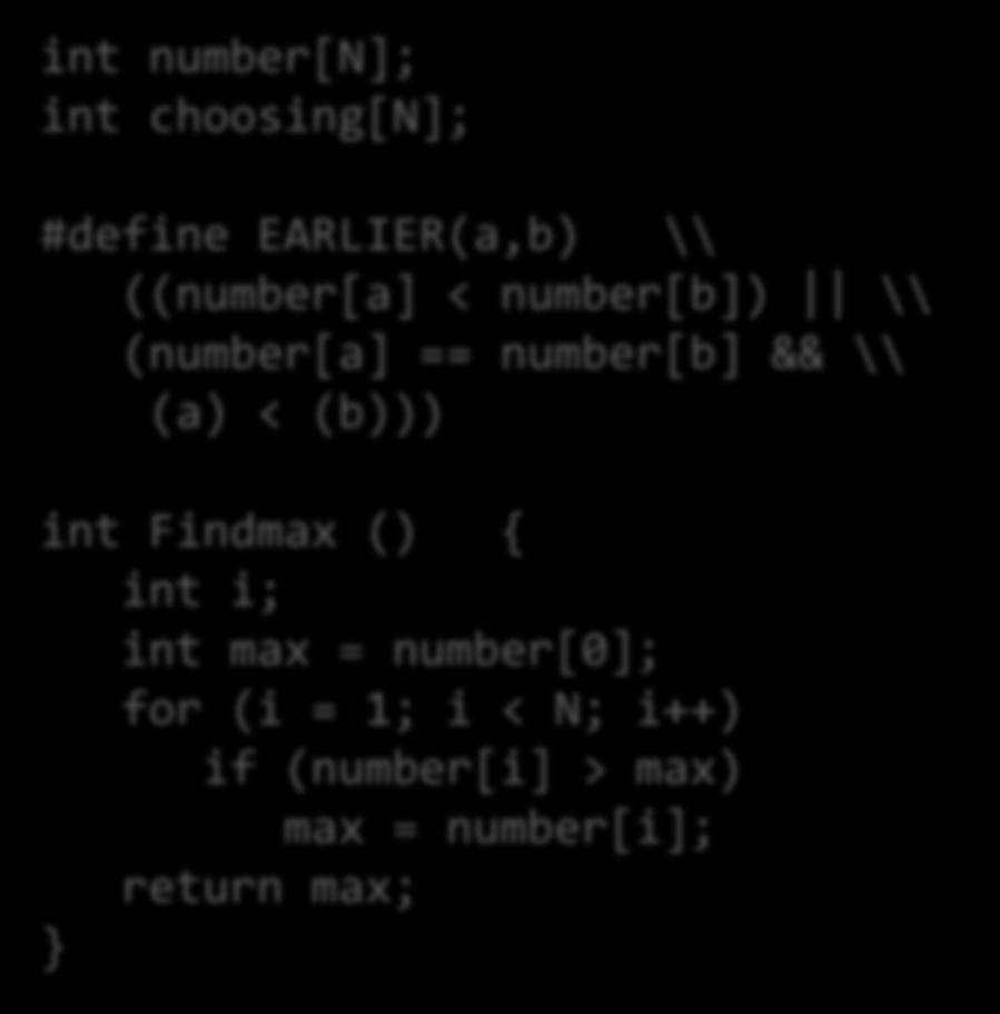 Bakery Algorithm (2) int number[n]; int choosing[n]; #define EARLIER(a,b) \\ ((number[a] < number[b]) \\ (number[a] == number[b]