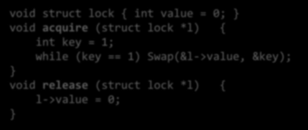 Atomic Instructions (2) Swap void Swap (int *v1, int *v2) { int temp = *v1; *v1 = *v2; *v2 = temp; Using Swap instruction void struct lock { int