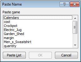 Note Names can be specified from any worksheet; all names will be displayed in the Name box and the relevant worksheet name will appear when the list is pasted.