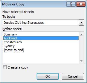 2 Click on the Christchurch sheet tab to display the worksheet. 3 On the Home Ribbon click on and select Move or Copy Sheet, and click on Auckland as shown at the right. 4 Click on OK.