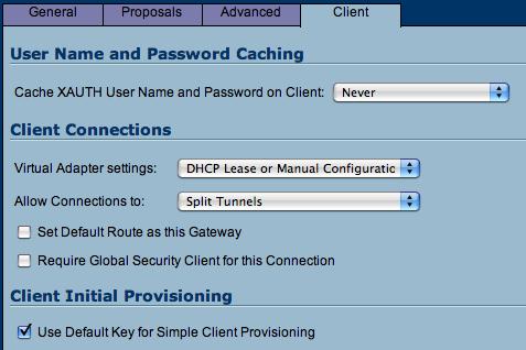 Client Settings Virtual Adapter Settings: Select DHCP Lease or Manual Configuration (it is also possible to set it to DHCP Lease only) Make sure the box Set Default Route as this Gateway is unchecked.
