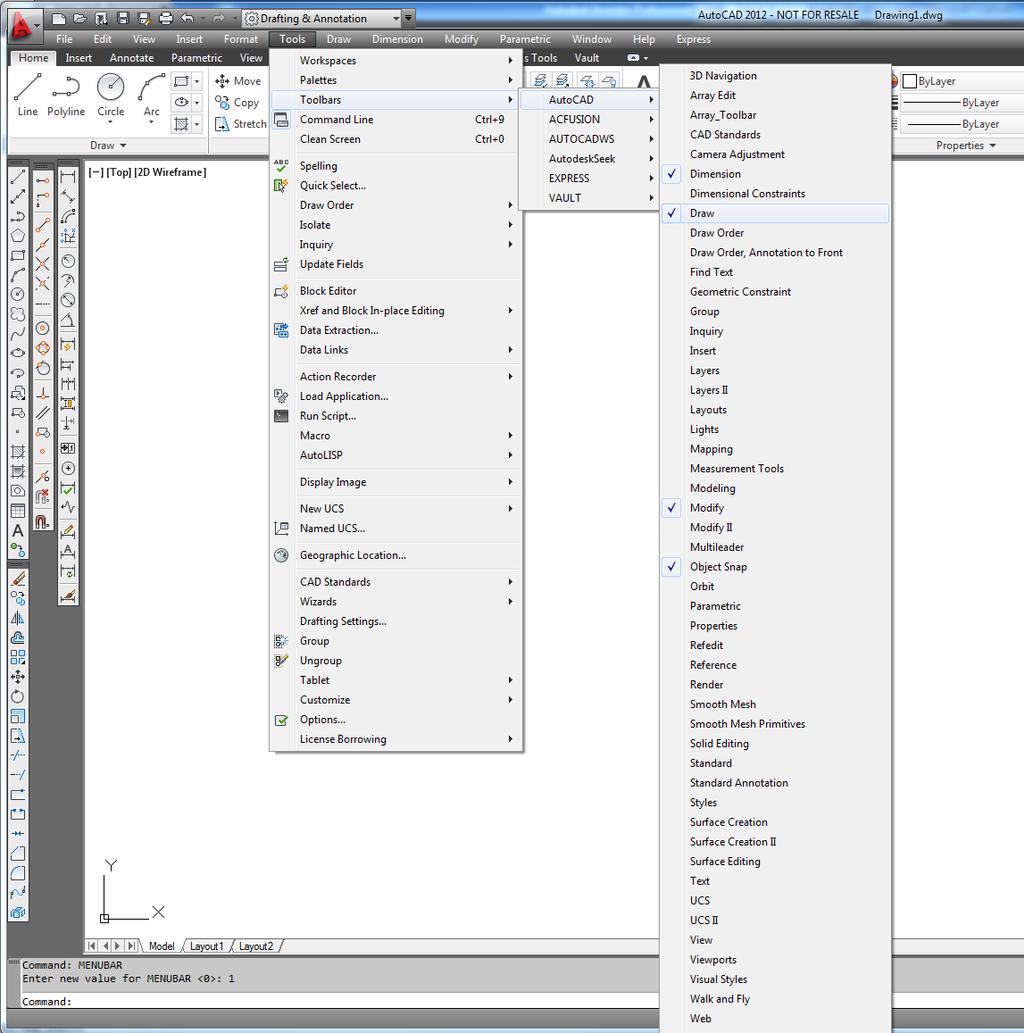 AutoCAD s Ribbon Interface with DRAW, MODIFY, DIMENSION and Object SNAP Toolbars displayed. Tools Menu Bar Opening the Toolbars 1. Type MENUBAR on the command line and press <Enter>.