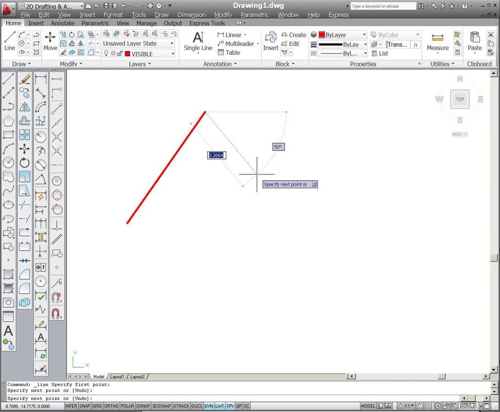Drawing a LINE with AutoCAD (Dynamic Input is ON) Angle Input Dynamic Prompt Length Input The current input field has a dark blue background.