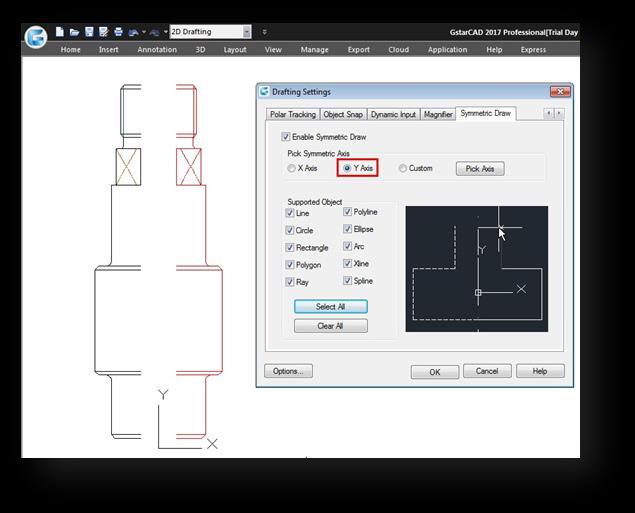 Y Axis option: The objects drawn will take the Y coordinate system as invisible axis line.