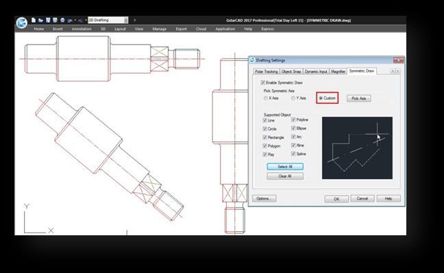 Custom/Pick Axis option: The objects drawn will take the vector orientation of a selected object as visible axis line.