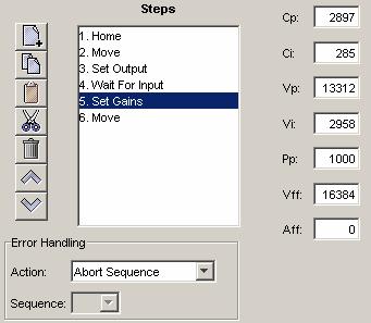 Copley Indexer 2 Program User Guide Functions 4.11: Set Gains 4.11.1: Set Gains Function Overview This function sets new gain values for the current, velocity and position loops during a sequence.