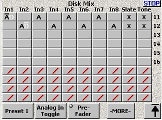8 view Figure 3-4 Disk Mix page Deva-16 Bottom view Page Notes In this page, the top line shows the 8 available input channels (In1 In8) plus the slate mic and the tone generator.